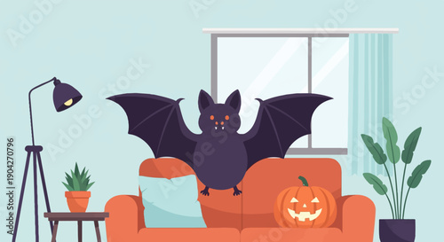 A cartoon bat with glowing eyes sits on a couch with a carved pumpkin