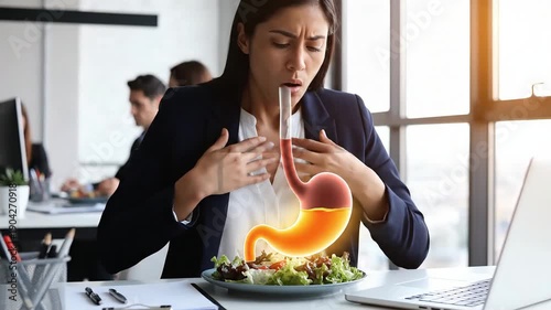 acid reflux of a businesswoman in an office suffering from indigestion while attempting to eat a salad, with a stomach graphic.