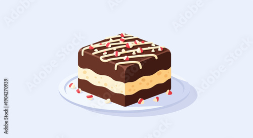 A delicious slice of chocolate cake with cream frosting and candy