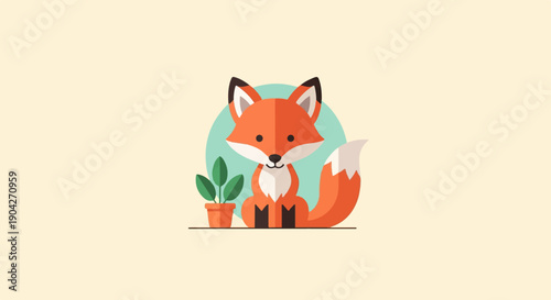 A cute cartoon fox sits next to a potted plant on a light background