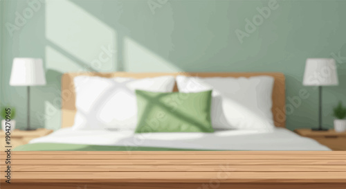 A cozy bedroom scene with a bed, lamps, and a wooden foreground