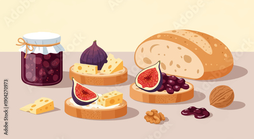 A delightful assortment of bread, figs, cheese, grapes, walnuts, and jam