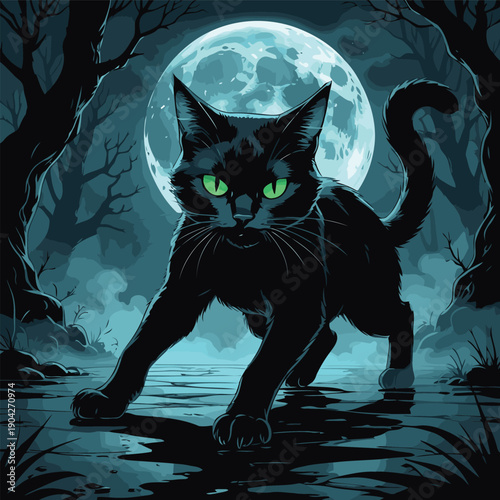 illustration of a black cat wandering around the house