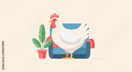 A cartoon chicken sits on a sofa with a potted plant nearby