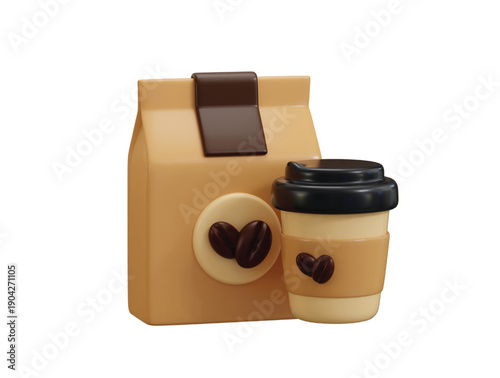 Coffee Cup and Coffee Beans Bag icon 3d render concept of coffee bag with beans icon with paper cup icon vector illustration