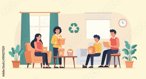 A family is shown indoors holding boxes and snacks