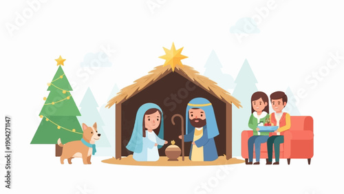 A cozy Christmas scene unfolds with a Nativity manger, a decorated tree, a dog, and a couple