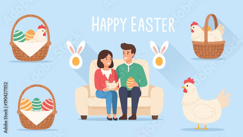 A couple celebrates Easter on a couch with baskets of eggs and chickens