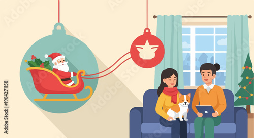 A cozy Christmas scene with a couple, dog, and Santa in a sleigh ornament