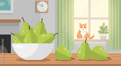 A cute cat sits by the window with pears on a wooden table