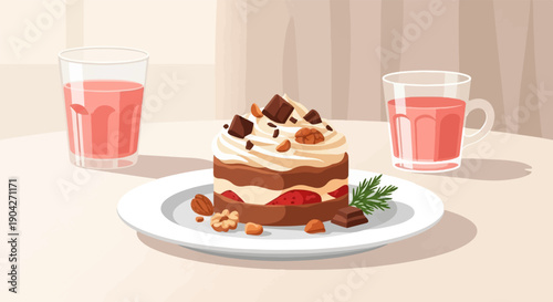 A dessert of layered cake with cream, chocolate, and nuts, served with pink drinks
