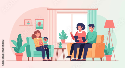 A family of four relaxes in a cozy living room, enjoying indoor leisure