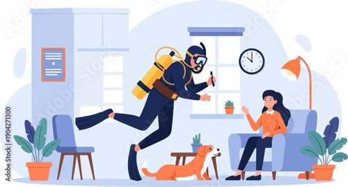 A diver floats indoors near a seated woman, a dog, and plants