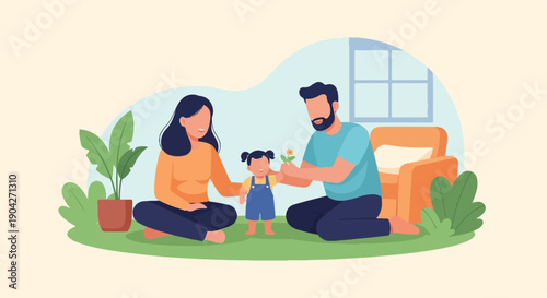 A family shares a tender moment with their young child, indoors