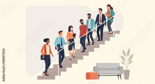 A diverse group of professionals walk down stairs in a modern office setting
