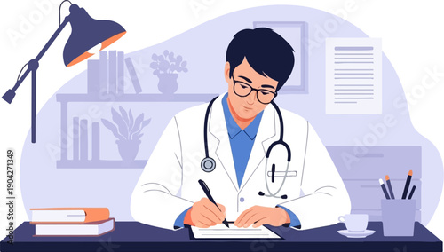 A doctor in a white coat wearing glasses and a stethoscope writes