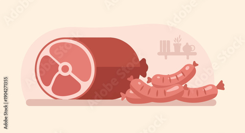A large cured meat and several sausages on a shelf with small decorative items