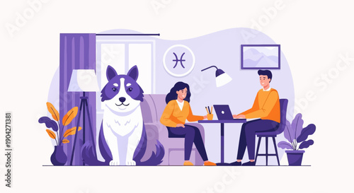 A large dog sits next to a couple working on laptops in a room