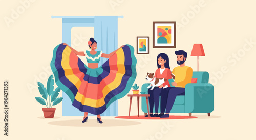 A family watches a traditional dancer perform in their living room with a dog