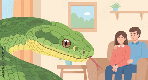 A large green snake looms over a couple sitting on a couch in a room