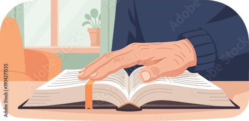 A hand rests on an open book with an orange bookmark, near a chair and plant