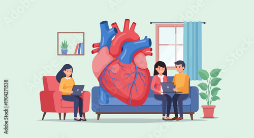 A large heart is central to a cozy room where people work on laptops