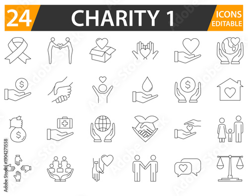 Charity line icon set with editable strokes.