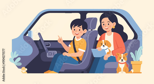 A happy boy and his mom with two dogs in a car