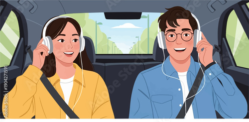 A happy couple enjoys music with headphones while riding in a car