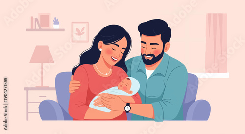 A happy couple lovingly holds their newborn baby on a comfortable couch