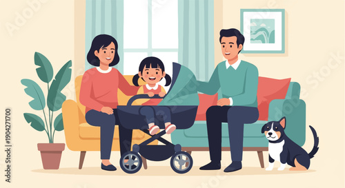 A happy family with a baby and dog in their living room