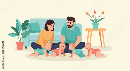A happy family with parents and five babies on the floor