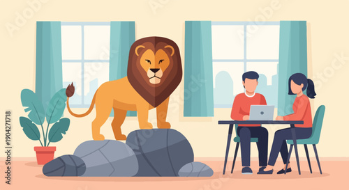 A lion stands on rocks while two people work on laptops indoors