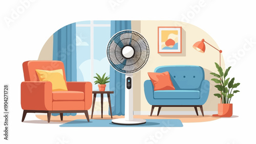 A living room scene with furniture, plants, and a floor fan