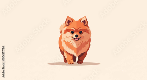 A happy, fluffy orange dog walks forward against a light background