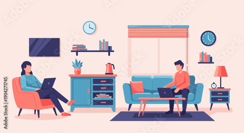 A living room scene with two people working on laptops, a sofa, chairs, and furniture