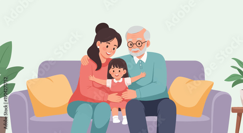 A happy multi-generational family sits together on a comfortable sofa
