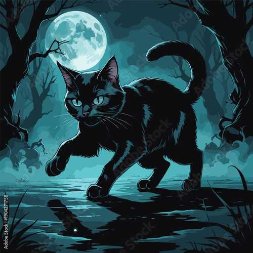 illustration of a black cat wandering around the house