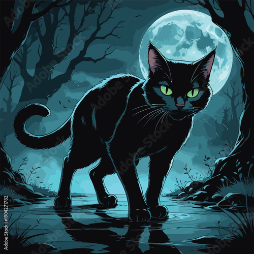 illustration of a black cat wandering around the house