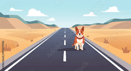 A lone dog sits on a desert highway under a bright blue sky with clouds
