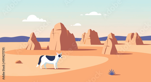 A lone dog stands in a stylized desert landscape with rock formations