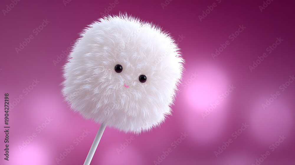 Fototapeta premium Cute, fluffy pompom with adorable facial features and a gentle appearance. The image shows a soft, plush pompom held up against a gradient pink backdrop