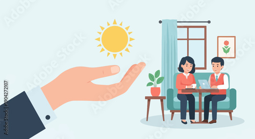 A helping hand offers sun to a couple working on a laptop indoors