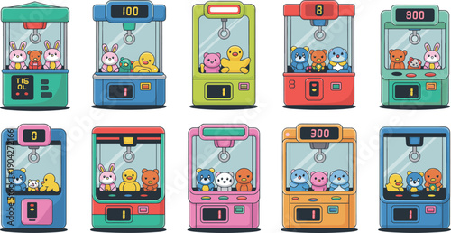 Cute colorful claw machine toy set with arcade prize machines, kawaii animals, flat vector illustration for games, entertainment design, kids amusement concepts