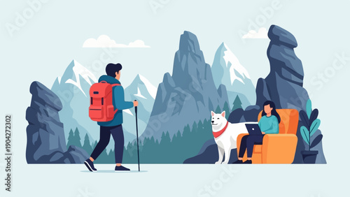 A hiker and his dog in a mountain landscape while a woman works remotely