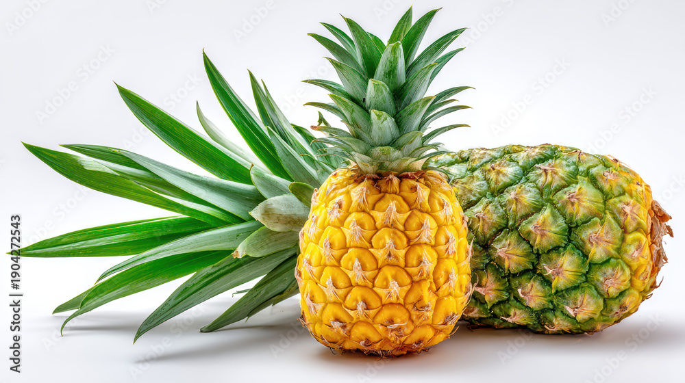 Obraz premium fresh whole pineapple with green leaves on white background