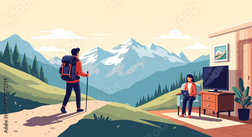 A hiker walks in the mountains while someone works on a laptop indoors