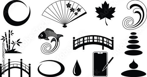 Japanese zen symbols silhouette set with fan, koi fish, bamboo, bridges and stones, black vector icons for Asian design, meditation concepts and cultural graphics