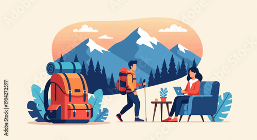 A hiker walks past a woman working on a laptop in a mountain landscape