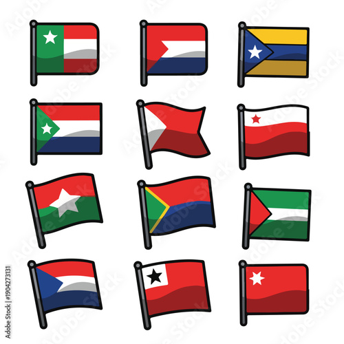 A collection of 12 flags on poles